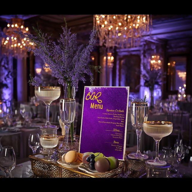 Señal Acrílica Moderno menú violeta violeta violeta violeta con b (Stylish Vivid Purple and Gold Wedding Bar Acrylic Menu)