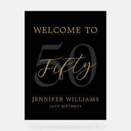 Señal Acrílica Moderno negro y dorado elegante 50 cumpleaños