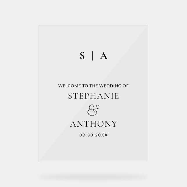 Señal Acrílica Monograma mínimo moderno Boda blanco y negro (Anverso)
