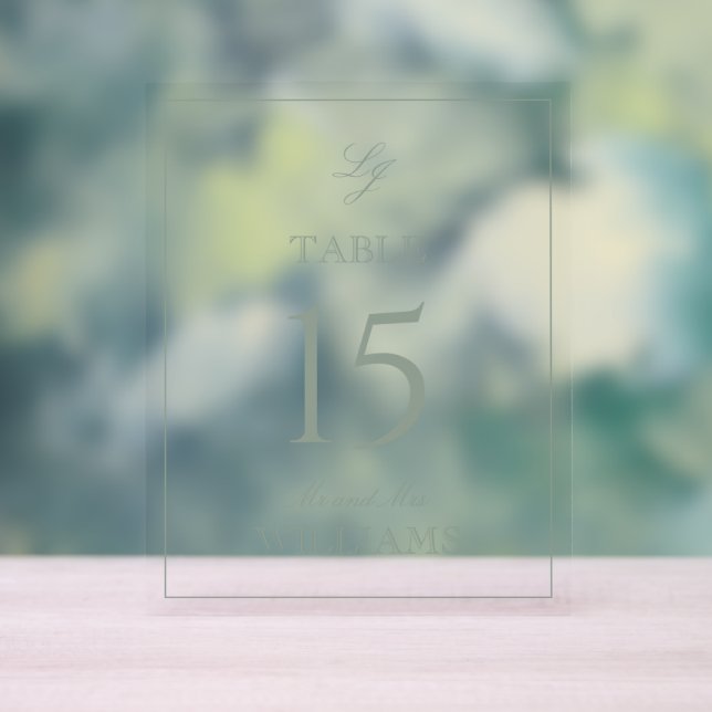 Señal Acrílica Monograma moderno Boda verde sabio Número de tabla (Neutral )
