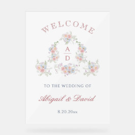 Señal Acrílica Monogramas de Boda Marco de Peonías Pastel Bienven