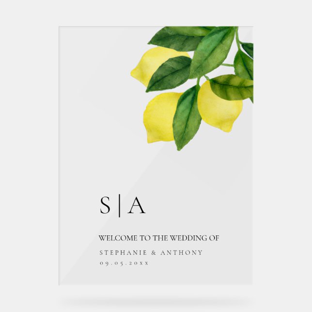 Señal Acrílica Monogramas Rama de Limón Verde Bodas  (Anverso)