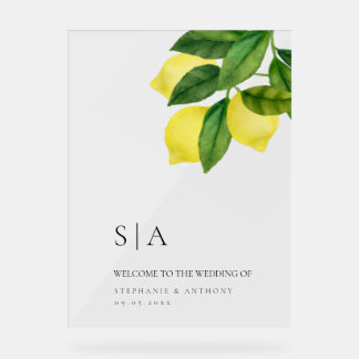 Señal Acrílica Monograms Lemon Citrus Branch Greenery Wedding 