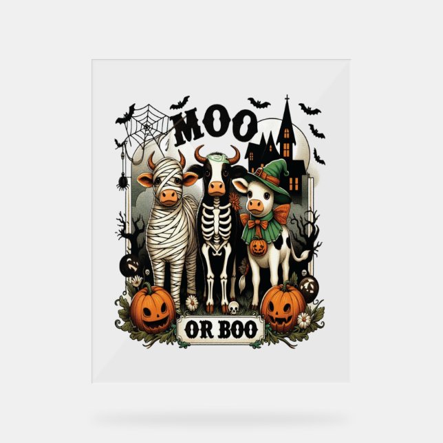Señal Acrílica Moo o Boo Vaca de Halloween (Anverso)
