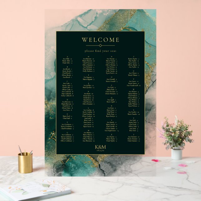 Señal Acrílica Moody Ink Emerald Gold Seating Chart ID988 (Boda)