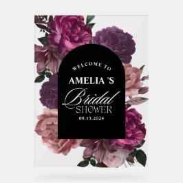 Señal Acrílica Morado burgundy floral Ducha de novia Bienvenida