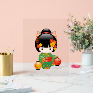 Señal Acrílica Muñeca Kokeshi Caída - Chica de Kimono Verde Geish