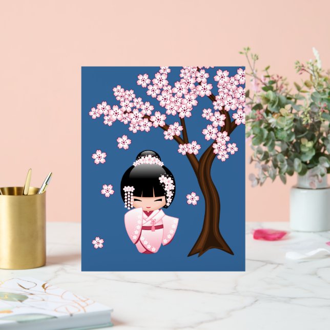 Señal Acrílica Muñeca Kokeshi de Kimono Rosa sobre Azul (Boda)
