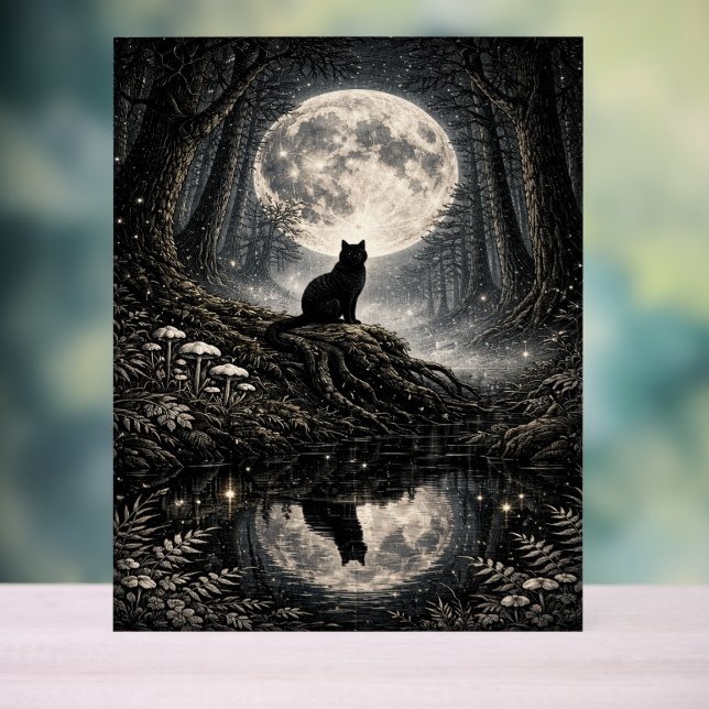 Señal Acrílica Mystical Black Cat Under Full Moon Forest  (Neutral )