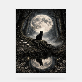 Señal Acrílica Mystical Black Cat Under Full Moon Forest 