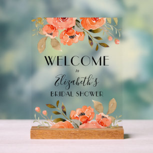 Señal Acrílica Naranja acuático Floral Bridal Shower Bienvenida