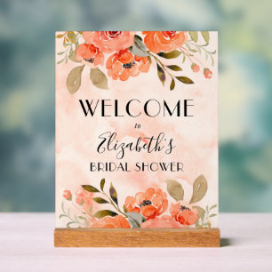Señal Acrílica Naranja acuático Floral Bridal Shower Bienvenida