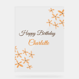 Señal Acrílica Naranja flor marrón feliz cumpleaños agregar nombr