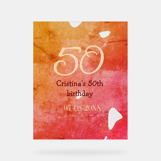 Señal Acrílica Naranja rojo 50 cumpleaños fecha de añadir nombre  (Anverso)