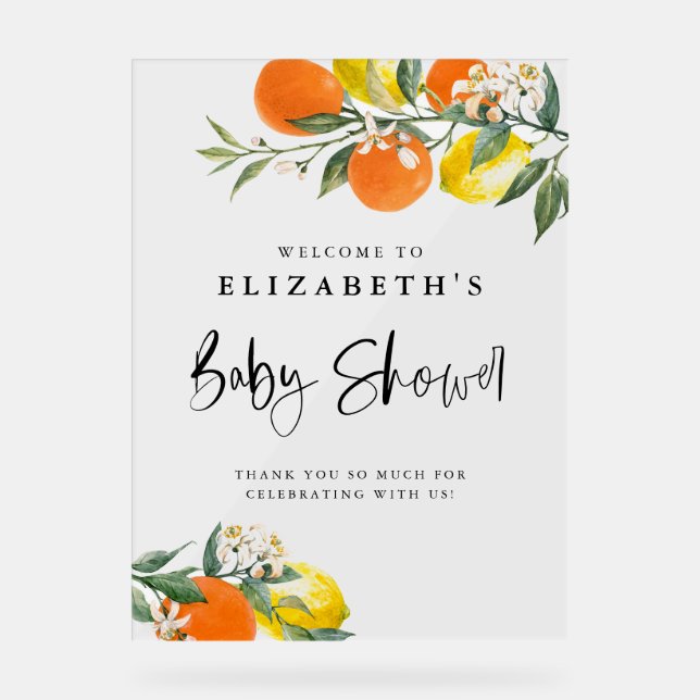Señal Acrílica Naranjas y lémulos botánicos Baby Shower de verano (Anverso)