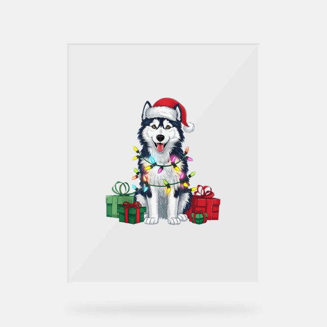 Señal Acrílica Navidad alumbrando Santa Hat Alaskan Husky Dog Chr (Anverso)
