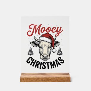 Señal Acrílica Navidad Mooey Vaca Sombrero de Santa Grabado Antig
