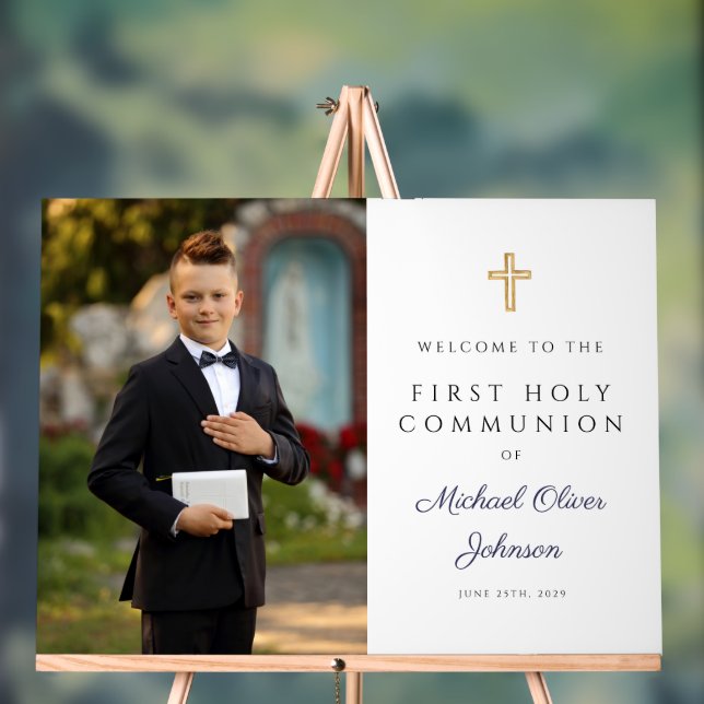 Señal Acrílica Navy Blue Boy Photo First Communion Welcome (Neutral )