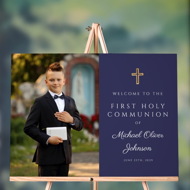 Señal Acrílica Navy Blue Boy Photo First Communion Welcome (Neutral )