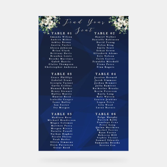 Señal Acrílica Navy Blue Floral Wedding Seating Chart Sign (Anverso)