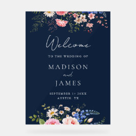 Señal Acrílica Navy Blue Wildflower Floral Wedding Welcome