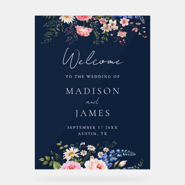 Señal Acrílica Navy Blue Wildflower Floral Wedding Welcome (Anverso)