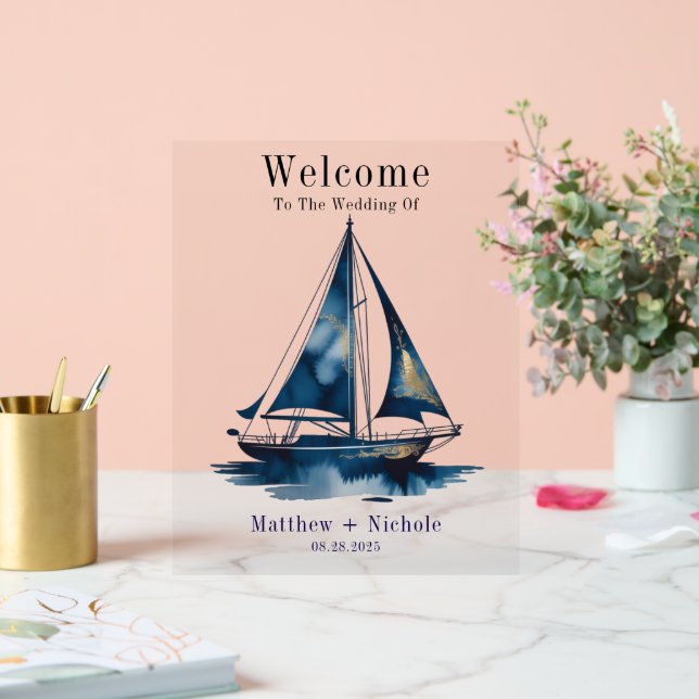 Señal Acrílica Navy Gold Nautical Boat Gold Wedding Welcome Sign (Boda)