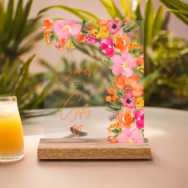 Señal Acrílica Negrita naranja tarjetas de escritura floral regal (Bold orange floral script cards gift bridal shower acrylic sign)