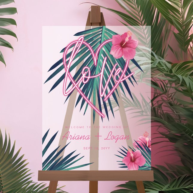 Señal Acrílica Neon Pink Heart Love Tropical Floral Palm Boda (Neon Pink Heart Love Tropical Floral Palm Wedding Acrylic Sign)