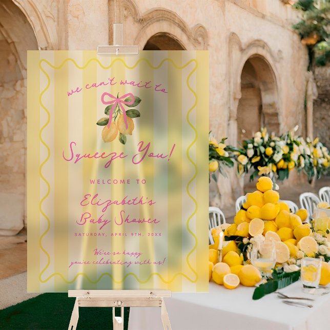 Señal Acrílica No podemos esperar para abrazarte Fiesta de Bebé L (We Can't Wait to Squeeze You Lemon Baby Shower Acrylic Sign)