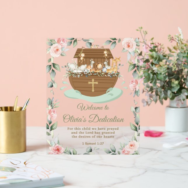 Señal Acrílica Noah's Ark Pink Floral Dedications Christening (Boda)