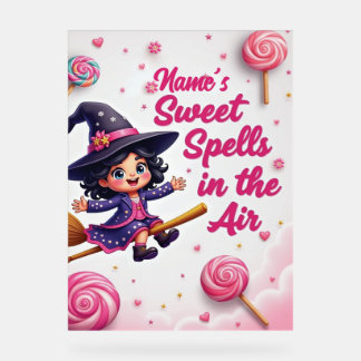 Señal Acrílica Nombre editable lindo Bruja en Broom Halloween