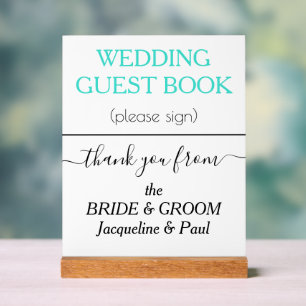Señal Acrílica NOMBRES DEL boda del libro de invitados Turquesa b