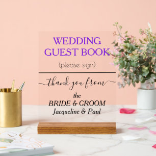 Señal Acrílica NOMBRES DEL Libro De Invitado De Boda Violeta Limp