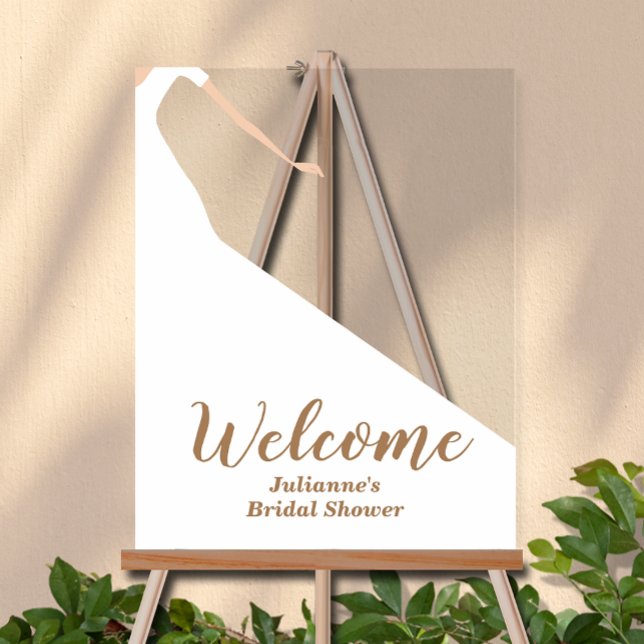 Señal Acrílica Novia en ducha de novia en traje de baño bienvenid (Bride in wedding gown bridal shower Welcome acrylic sign)