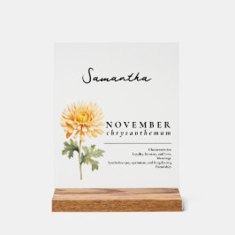 Señal Acrílica Noviembre Mes de Nacimiento Flor Crisantemo