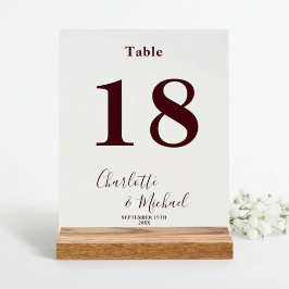 Señal Acrílica Número de mesa de boda elegante de color burgundy 