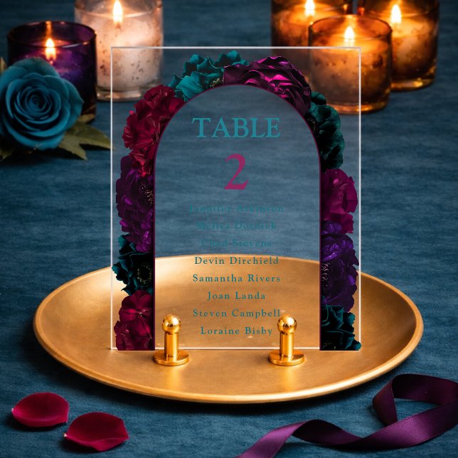 Señal Acrílica Número de mesa floral de tono joya para boda (Subido por el creador)