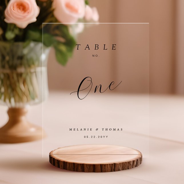 Señal Acrílica Número de tabla de guión negro elegante de Boda mí (Minimal Wedding Elegant Black Script Table Number Acrylic Sign)