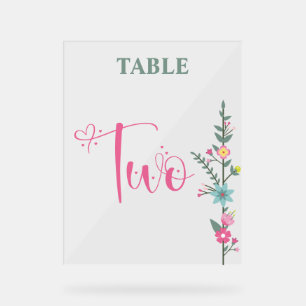 Señal Acrílica Número Dos de Mesa de Boda Floral Elegante Amor