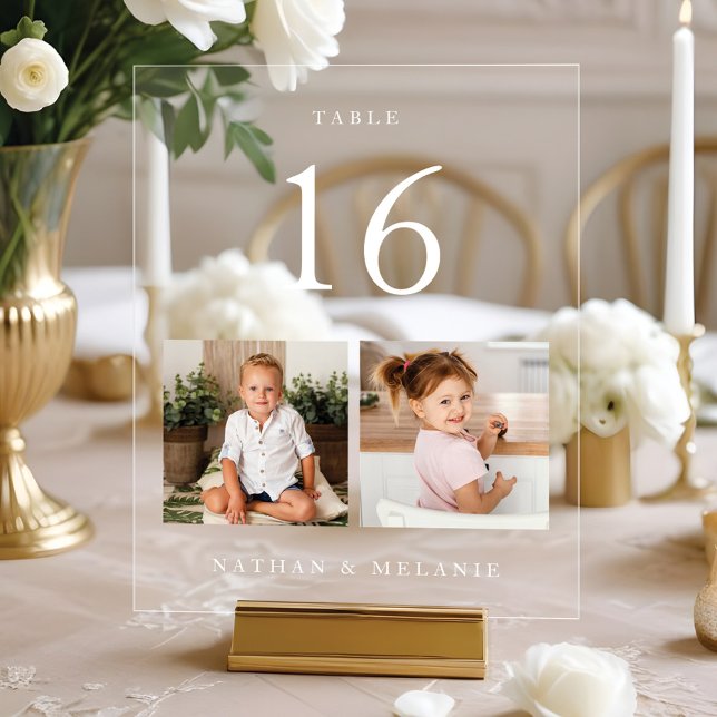 Señal Acrílica Número mínimo de tabla de fotos de las parejas de  (Minimal Wedding Couples Baby Photo Table Number Acrylic Sign)