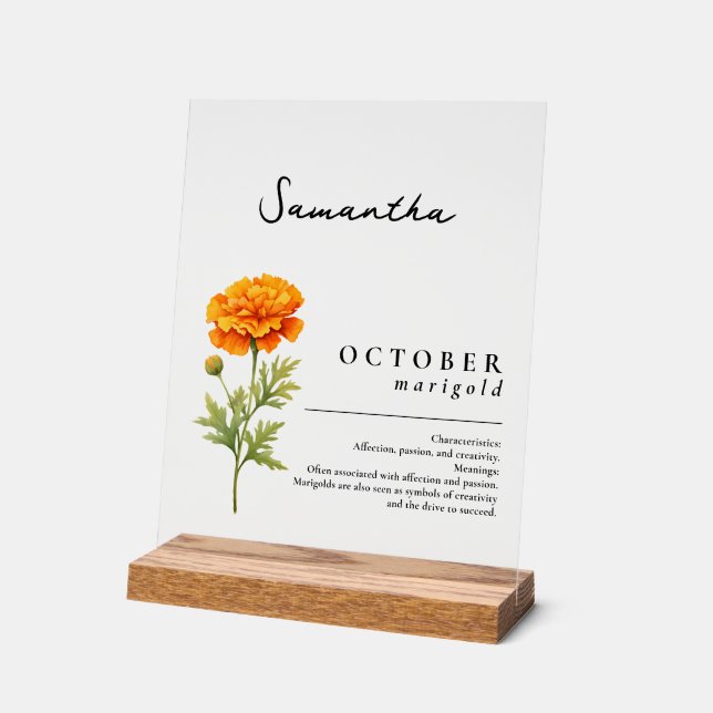 Señal Acrílica Octubre mes de nacimiento Flor Marigold Personaliz (Ángulo)