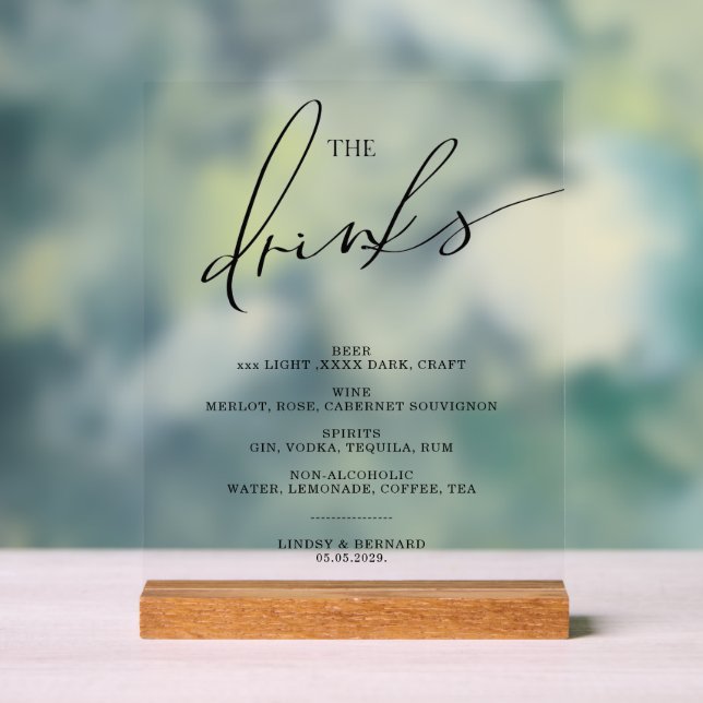 Señal Acrílica Open bar Menu The Drinks wedding sign Poster (Neutral )
