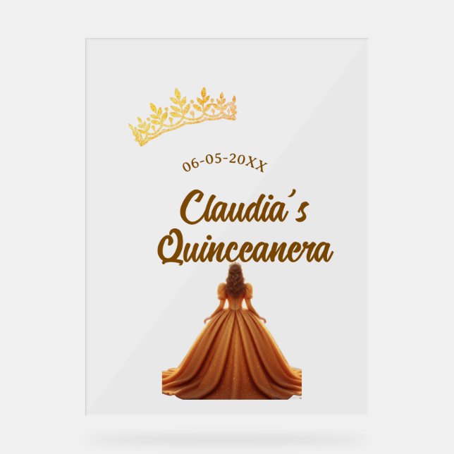 Señal Acrílica Orange quinceanera princess crown birthday name da (Anverso)