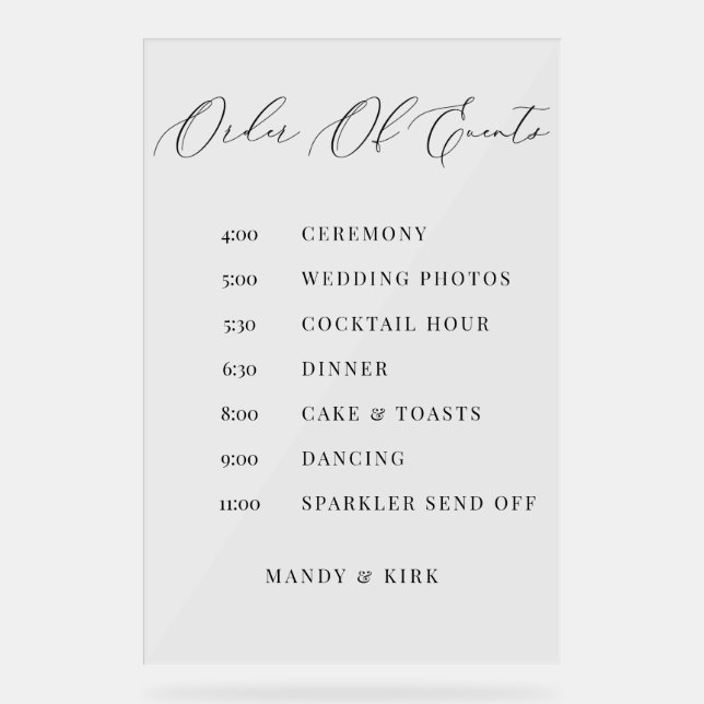 Señal Acrílica Order of Events Wedding Sign Minimalist Timeline  (Anverso)