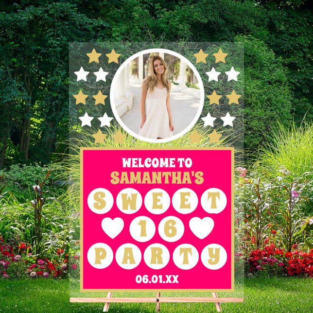 Señal Acrílica Oro rosa Estrellas de Confetti Foto Dulce 16 Bienv (Subido por el creador)