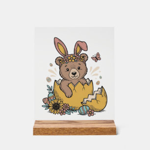 Señal Acrílica Oso de Pascua Lindo en Huevo Agrietado Vector Vint