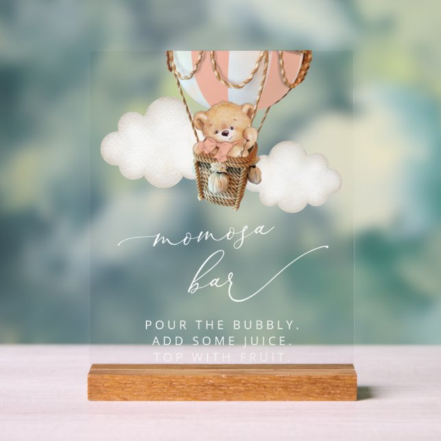 Señal Acrílica Oso de peluche, globo de aire caliente rosado, bar (Neutral )