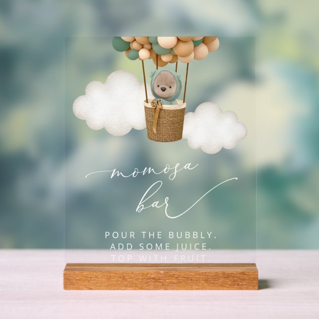 Señal Acrílica Oso de peluche, globos verdes, bar Momosa de Baby  (Neutral )