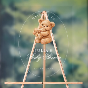 Señal Acrílica Oso de peluche rosa a cuadros Baby Shower Neutral